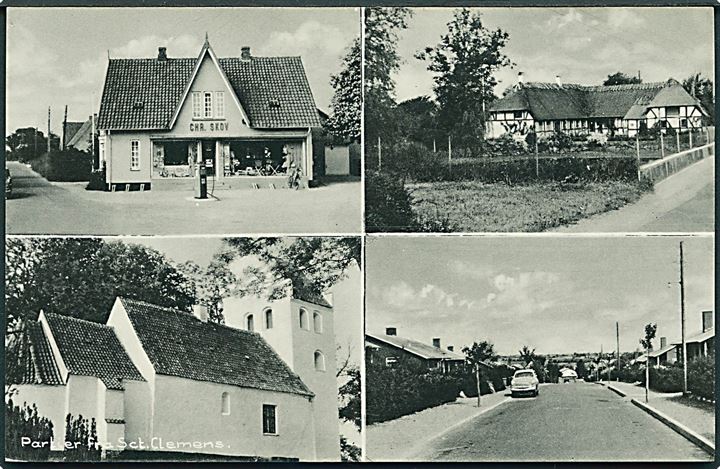 Sct. Clemens, partier med bl.a. “Chr. Skov”s landhandel Svenstrupvej 31 og kirken. Stenders no. 98585. Kvalitet 8