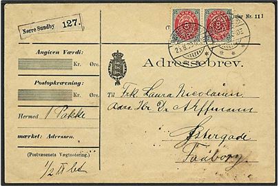 8 øre tofarvet på adressebrev fra Nørresundby d. 25.8.1899 til Faaborg.