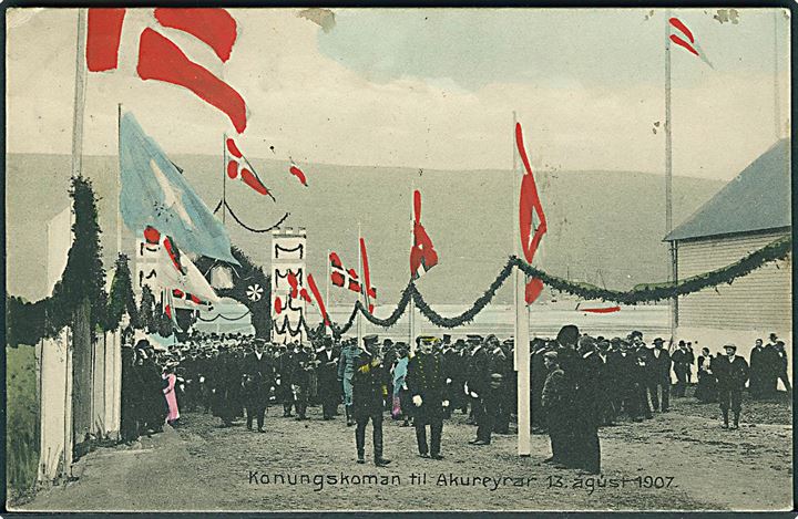 Island, Akureyri, kong Fr. VIII’s besøg d. 13.8.1907. H. Einarsson no. 12228. Sendt via Bergen til Østrig. Kvalitet 7