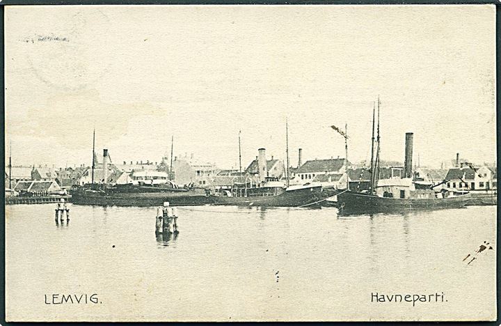 Lemvig, havneparti med bl.a. Svitzers bjergningsfartøj “Ægir”. H. Riegels no. 9962. Kvalitet 8