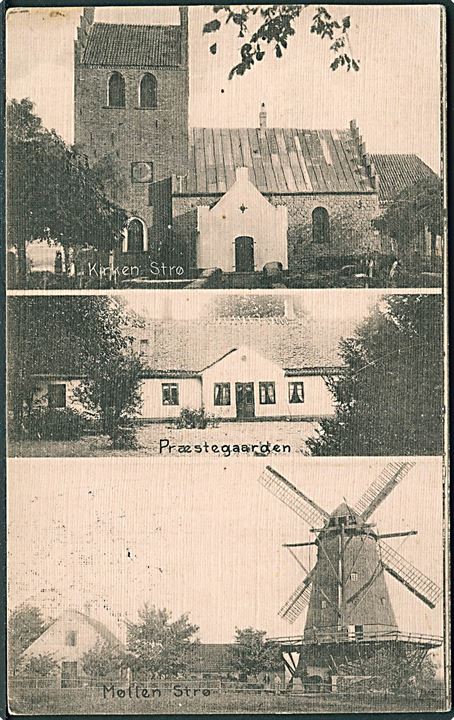 Strø Mølle, Kirke og Præstegaard. Fotograf H. Schmidt. u/no. Frankeret m. 5 øre Soldaterfrimærke. Kvalitet 7