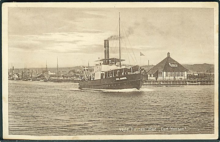 “Carl Hansen”, S/S, Vejle Dampbaade A/S (1906-1917) i Vejle havn. Papyrus no. 33789. Kvalitet 7