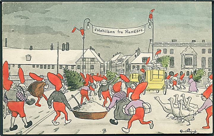 Randers, “Julehilsen fra” med nisser i bybilledet. Tegnet af Carl Røgind. E. Nielsen Papirhuset no. 20475. Kvalitet 9