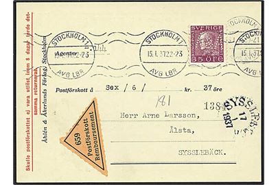 35 øre violetkarmin på postopkrævning brevkort fra Stockholm, Sverige, d. 15.1.1937 til Ålsta. Mærket med perfin Å & Å - Åhlén & Åkerlund