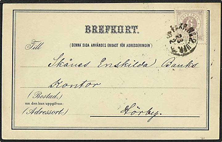 6 øre matviolet på brevkort fra Malmø, Sverige, d. 28.2.1882 til Hörby.
