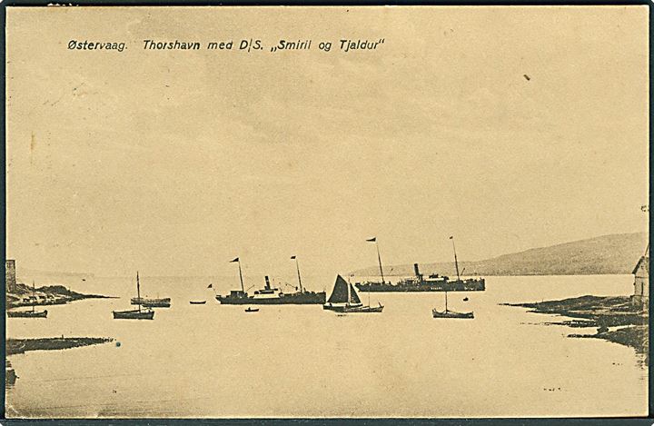 Thorshavn, Østervaag med dampskibene “Smiril “ og “Tjaldur”. A. Brend u/no. Brugt i Danmark 1928. Kvalitet 9