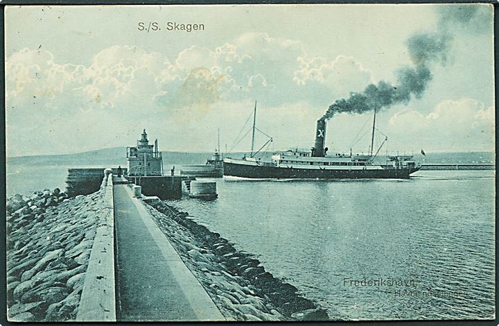 Norsk, “Skagen”, S/S, Christiansands D/S (1912-1937) i Frederikshavn. H. W. Jensen u/no. Blå tone. Kvalitet 8