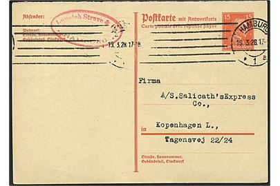 15 pfennig rød helsags spørgekort fra Hamburg, Tyskland, d. 19.3.1928 til København.