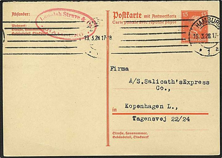 15 pfennig rød helsags spørgekort fra Hamburg, Tyskland, d. 19.3.1928 til København.
