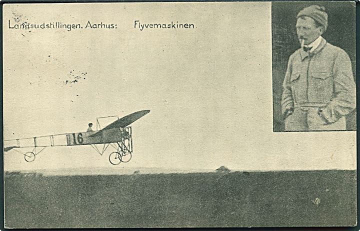 Fly. Delagrange med Bleriot-maskine på Skejby Mark i sept. 1909 under Landsudstillingen. Bang & Gluud u/no. Kvalitet 8