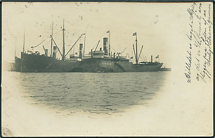 “Ivar”, S/S, Carl D/S (1907-1916) sænket af tysk ubåd U-35 i Middelhavet d. 13.8.1916. Fotokort u/no. Kvalitet 7