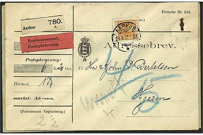 35 øre orange Fr. VIII singelfrankatur på adressebrev fra Aarhus d. 24.4.1912 til Hjerm.