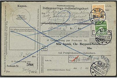 10 øre grøn bølgelinie og 20/30 øre orange Chr. X på indbetalingskort fra Nibe d. 2.10.1926 til Farstrup.