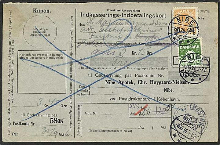 10 øre grøn bølgelinie og 20/30 øre orange Chr. X på indbetalingskort fra Nibe d. 2.10.1926 til Farstrup.