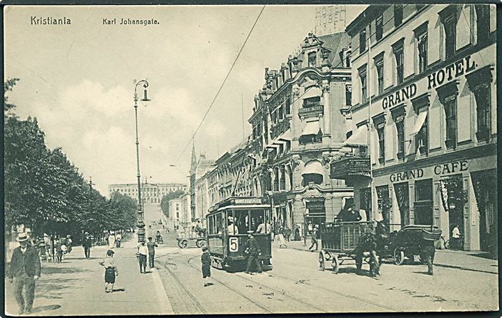 Christiania. Karl Johansgate med Grand Hotel og sporvogn linje 5. E. Kull no. 18. Kvalitet 8