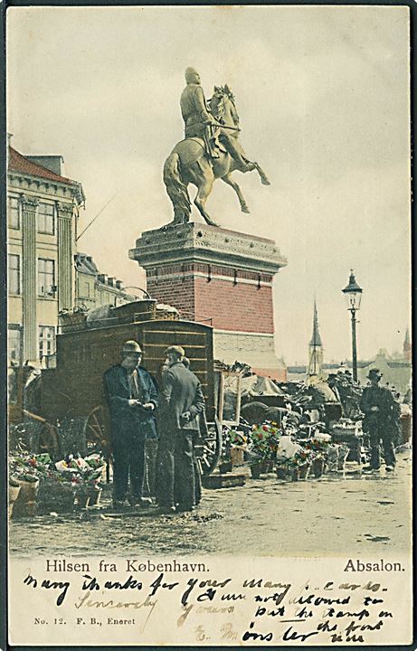 Købh., Højbro Plads med Absalon statue og blomster-handlere. Fritz Benzen no. 12. Kvalitet 7