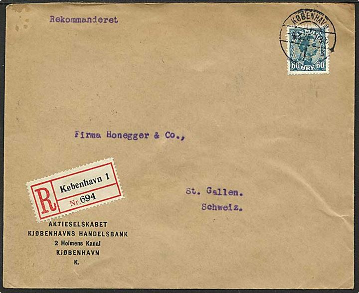 60 øre blågrøn Chr. X singelfrankatur på Rec. brev fra København d. 4.3.1926 til St. Gallen, Schweiz. Mærket med perfin K28 - Kjøbenhavn Handelsbank.