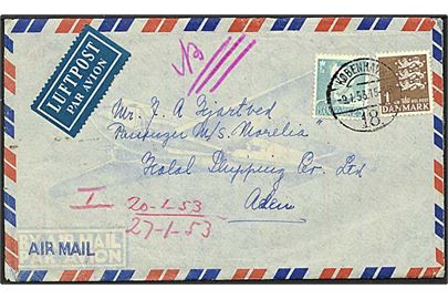 25 øre lyseblå Fr, IX og 1 kr. brun rigsvåben på luftpost brev fra København d. 9.1.1953 til Aden.