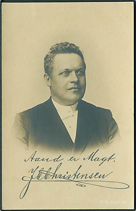 Venstre. Konseilspræsident I. C. Jacobsen med motto: “Aand er Magt.”. Stenders no. 193. Kvalitet 9