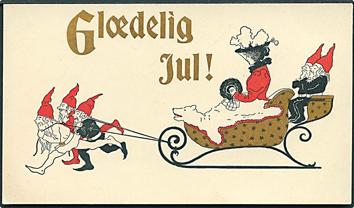 Glædelig Gul. Kartonkort med nisser foran slæde. Svend Fischers Kunstforlag u/no. Anvendt 1898. Kvalitet 9