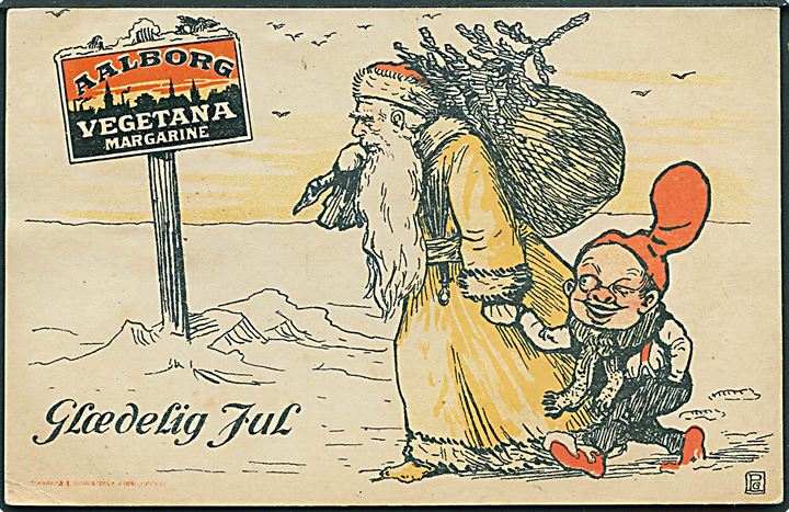 Gadsbøll, Peder: “Julemand i gul kåbe og nisse”. Reklame for Aalborg Vegetata Margerine. U/no. Kvalitet 7