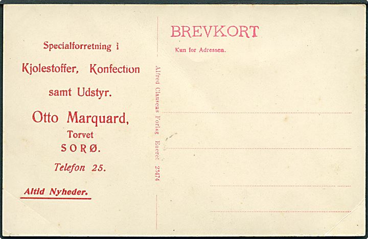 Sorø, Otto Marquard Mode & Manufaktur. Reklamekort. A. Clausen no. 23474. Hj. knæk. Kvalitet 6