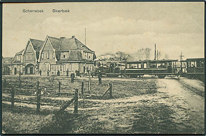 Skærbæk station med damptogets ankomst. W. Schützsack no. 87247. Kvalitet 8