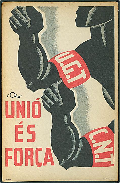 Spanske Borgerkrig. PSU/UGT Partit Socialista Unificat / Unión General de Trabajadores. Propaganda U/no. Kvalitet 7