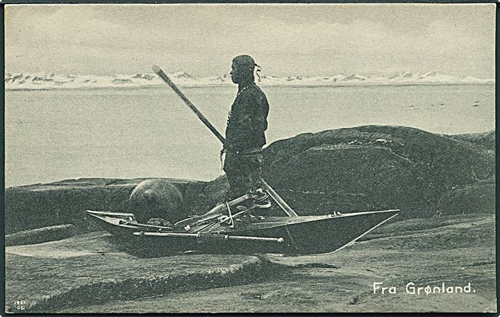 Eskimo med kajak. “Fra Grønland”. U/no. Kvalitet 8