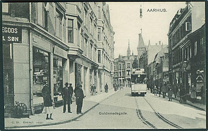Aarhus, Guldsmedegade med sporvogn no. 11. Stenders no. 4068. Kvalitet 8