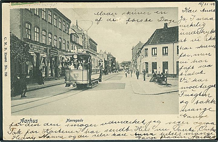 Aarhus, Nørregade med sporvogn no. 13. C.M.B. no. 756. Kvalitet 7