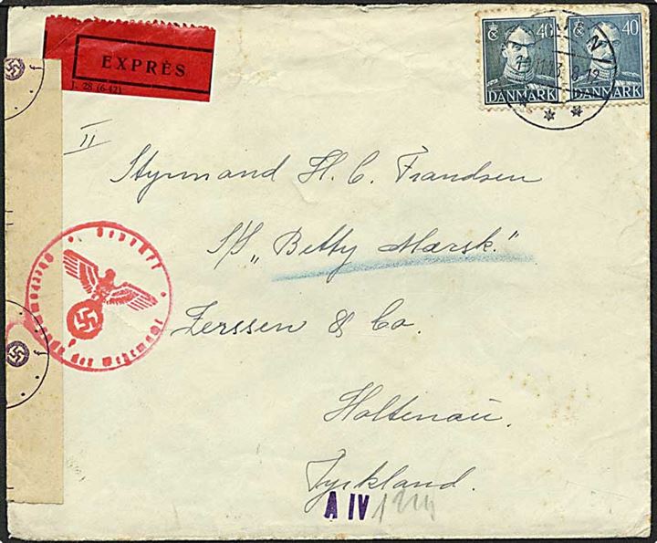 40 øre blå Chr. X på expres brev fra Vejen d. 10.11.1943 til Holtenau, Tyskland. Tysk censur.