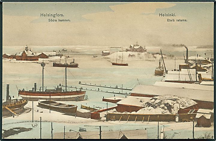Finland. Helsingfors, vinterparti fra Södra Hamnen med skibe. E.G.S.i.S. no. 10659/4. Kvalitet 9