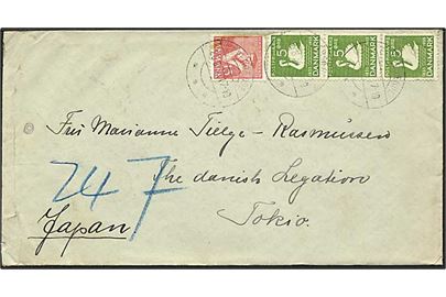5 øre grøn H.C. Andersen og 15 øre rød Hans Tavsen på brev fra  Espergærde d. 20.8.1936 til Tokyo, Japan,
