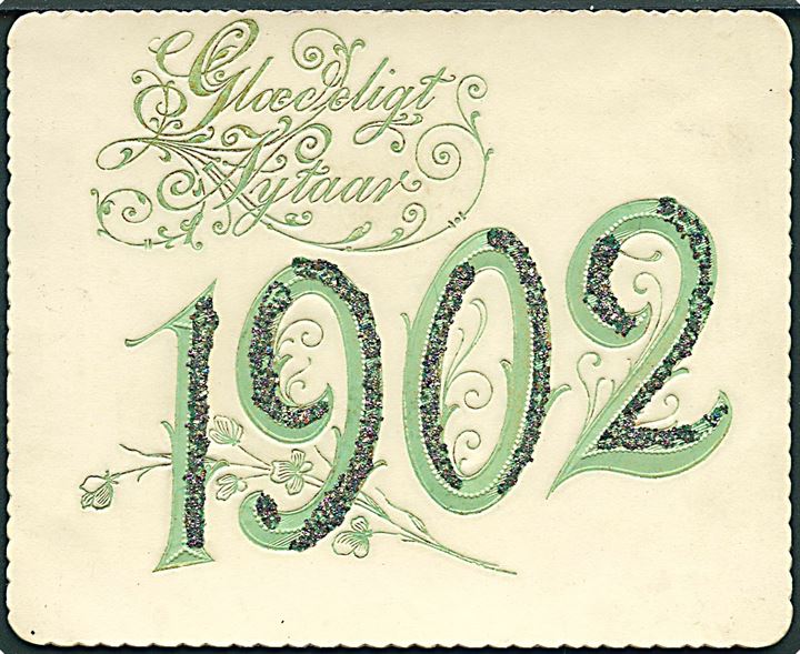 Årstalskort 1902. Kartonkort med glimmer. 9x11 cm. U/no. Kvalitet 8