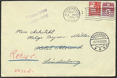 5 øre vinrød bølgelinie og 15 øre rød karavel på brev fra København d. 4.7.1941 til Sønderborg. Henlagt som kassebrev i Sønderborg og returneret.