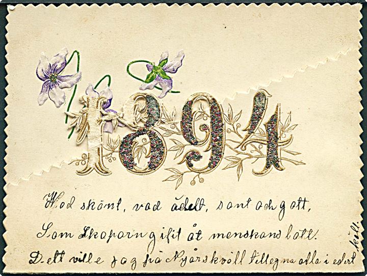 Årstalskort 1893. Kartonkort med glimmer. 8x10 cm. U/no. Kvalitet 7