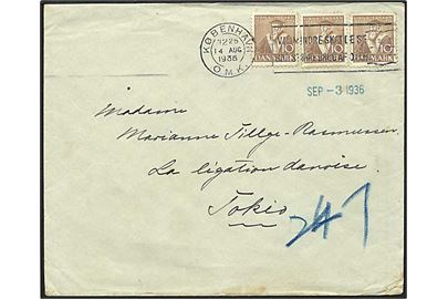 10 øre brun Hans Tavsen på brev fra København d. 14.8.1936 til Tokyo, Japan.