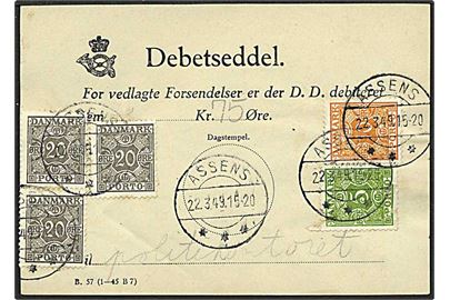 5, 10 og 20 øre portomærker på debetseddel fra Assens d. 22.3.1949.