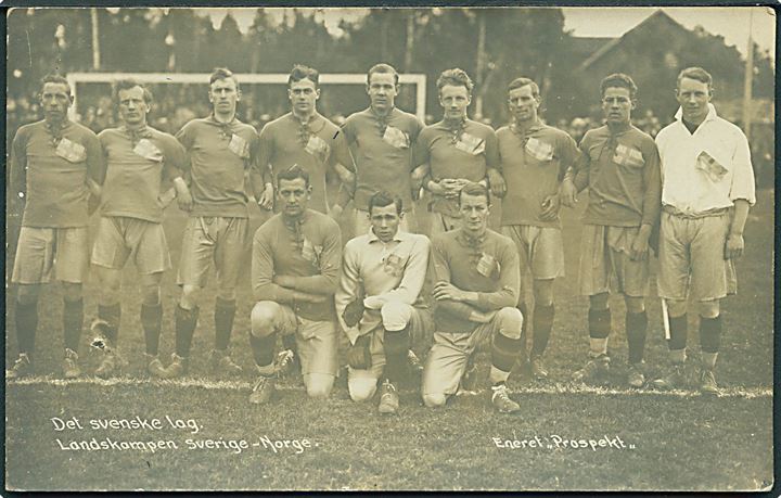 Fodbold. Det svenske landshold ved kampen mod Norge på Holmen d. 19.6.1921. Prospekt u/no. Kvalitet 7