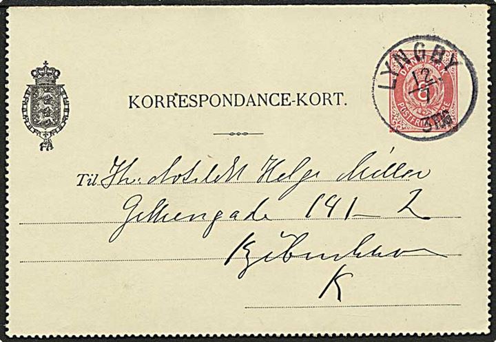 8 øre rød tofarvet korrespondancekort fra Lyngby d. 12.7.1902 til København.