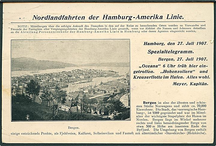 Bergen, Hamburg-Amerika Linie telegram hilsen fra S/S “Oceana” på Nordlandsfart 1907. Kvalitet 6