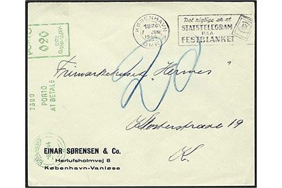 Lokalt sendt ufrankeret brev fra København d. 7.6.1944. Sat i porto med 20 øre.