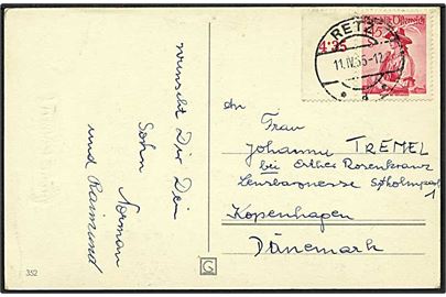 145 shilling rød med marginalstykke på postkort fra Renz, Østrig, d. 11.4.1955 til København.