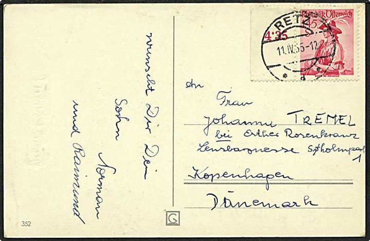 145 shilling rød med marginalstykke på postkort fra Renz, Østrig, d. 11.4.1955 til København.