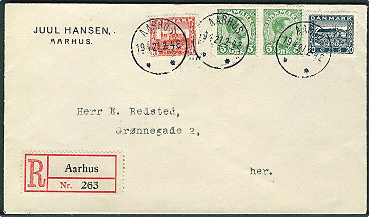 5 øre Chr. X (par), 10 øre og 20 øre Genforening på lokalt anbefalet brev i Aarhus d. 19.4.1921.
