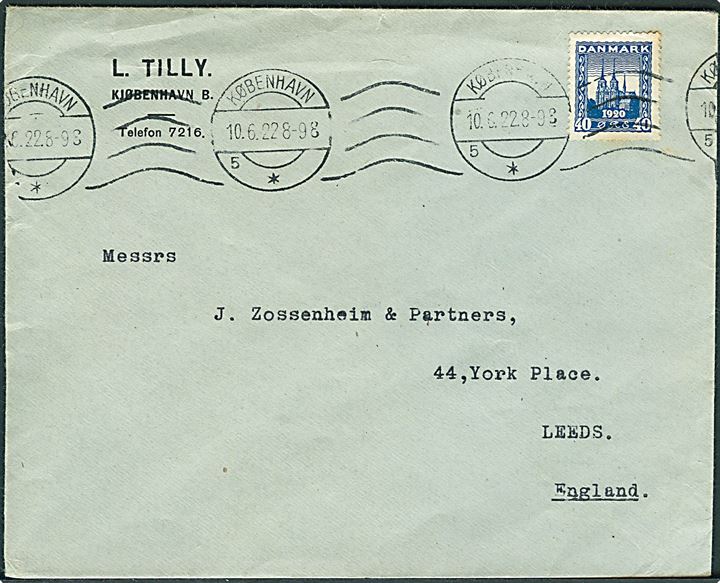 40 øre Genforening single på brev fra København d. 10.6.1922 til Leeds, England.