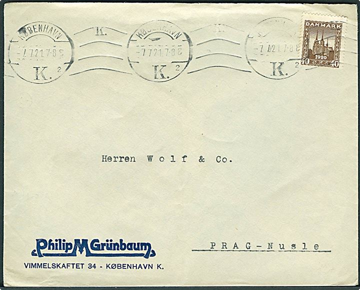 40 øre Genforening single på brev fra København d. 7.7.1921 til Prag, Tjekkoslovakiet.