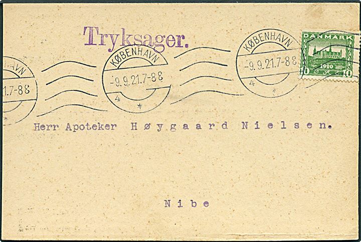 10 øre Genforening single på tryksags-brevkort fra København d. 9.9.1921 til Nibe.