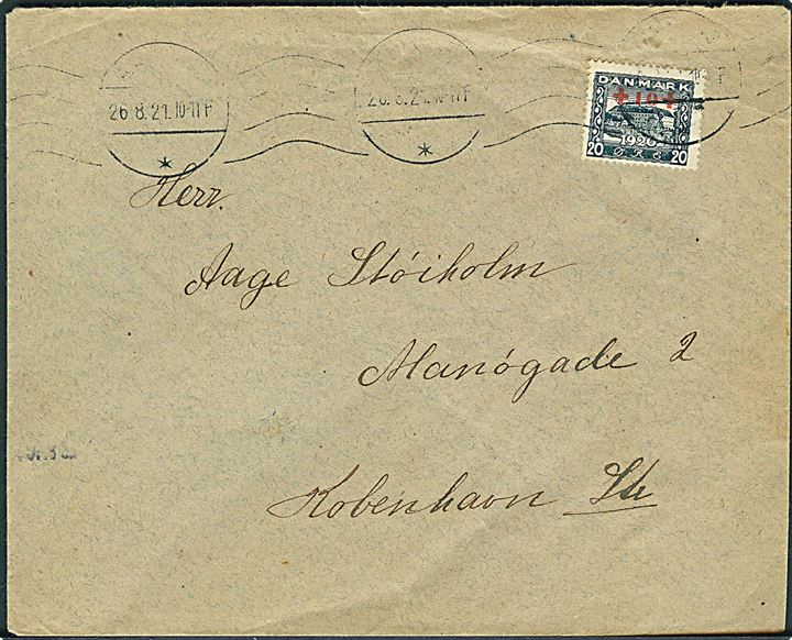 20+10 øre Røde Kors Provisorium single på brev fra aarhus d. 26.8.1921 til København.